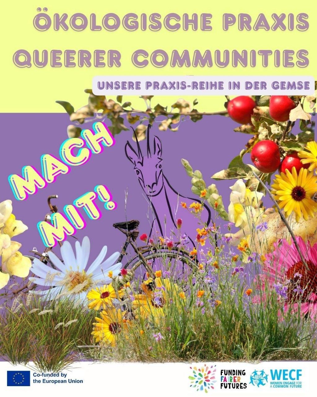 Oben am Bild steht die Überschrift "Ökologische Praxis queerer Communities. Unserer Praxisreihe in der GemSe". Darunter ist das lila Logo der Gemse mit bunten Blumen auf lila Hintergrund abgebildet.